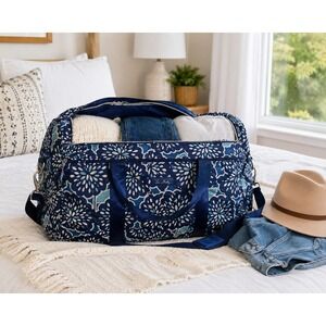 Vera Bradley Large Weekender Duffel Blue Floral Travel Gym Carry On Bag